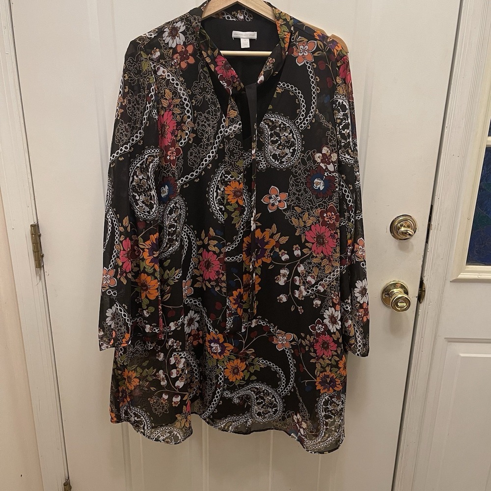 New York & Company Long Bell Sleeve Tie Neck Paisley‎ Floral Dress Womens 16